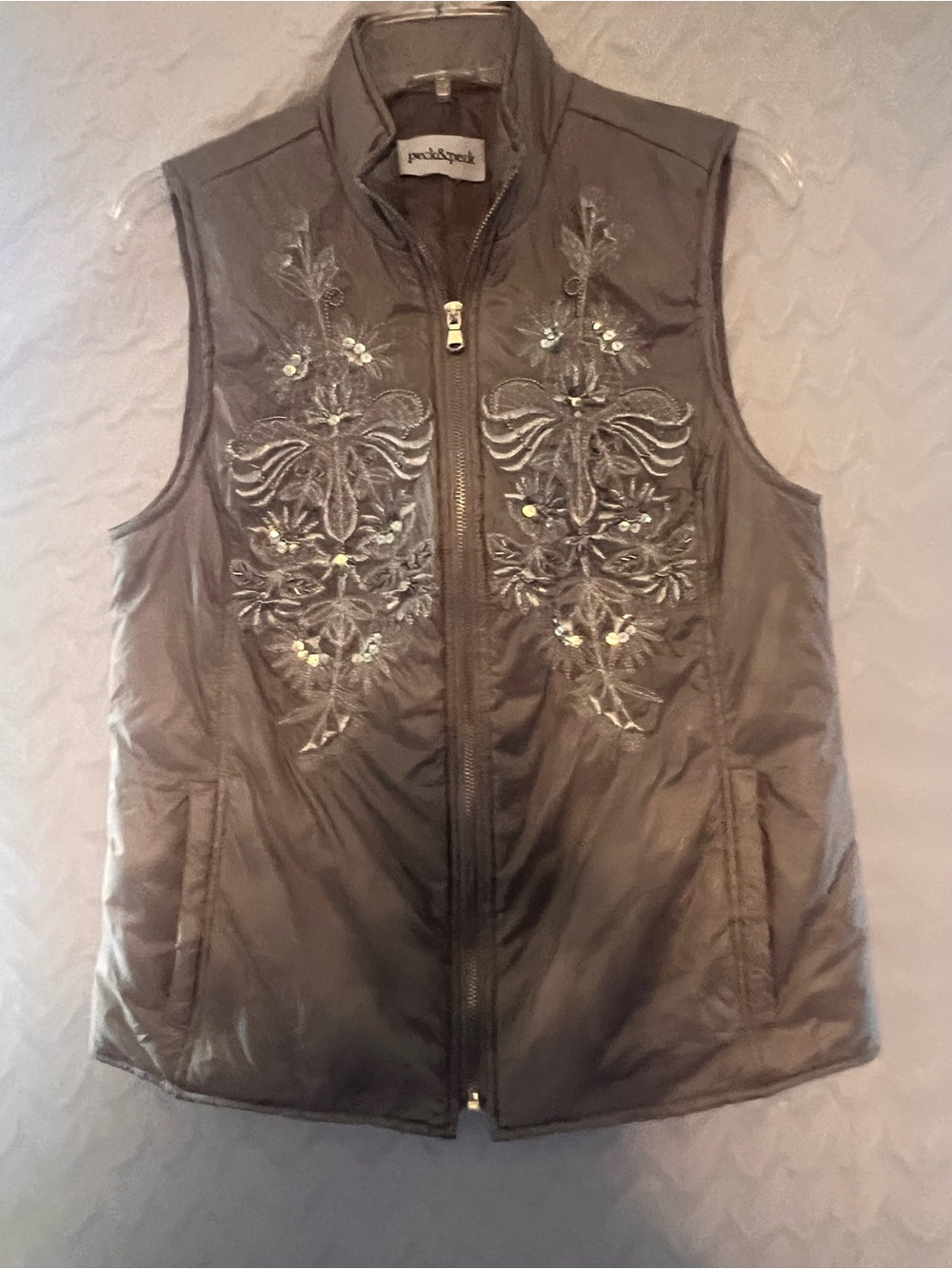 Peck & Peck Gray Lightweight Embroidered Sequined Zip Up Vest